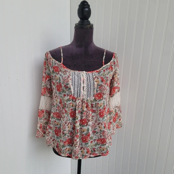 American Rag Cie Top Women's Pink White Lace Floral Print Cold Shoulder Sz S - Picture 1 of 12